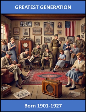 image for Greatest Generation showing a 1940s living room with men and women engaged in various activities