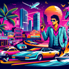 image for VC, showing elements such as neon lights, palm trees, retro cars, and a stylish character in 80s attire holding a weapon